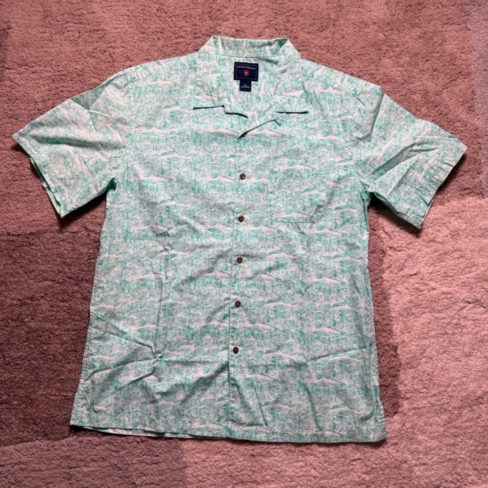 Saddlebred Mens Large Teal White Geometric Print Cotton Short Sleeve Camp Shirt